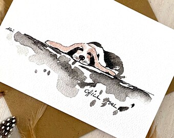 NO STAMPA Pittura ad acquerello originale CANE Basset hound chill cartolina dipinta a mano auguri San Valentino amore compleanno amicizia personalizzata firmata