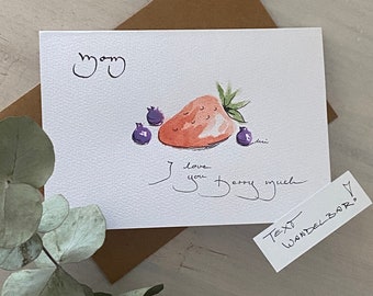 For MOTHER'S DAY folding card hand-painted original watercolor unique calligraphy thanks love mom I love you berry much handlettering customizable