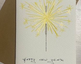 HAPPY New YEAR frohes neues Jahr Prosit Neujahr Gold Tusche handgemalte Aquarellkarte Glückwunsch Handlettering personalisiert Kalligrafie