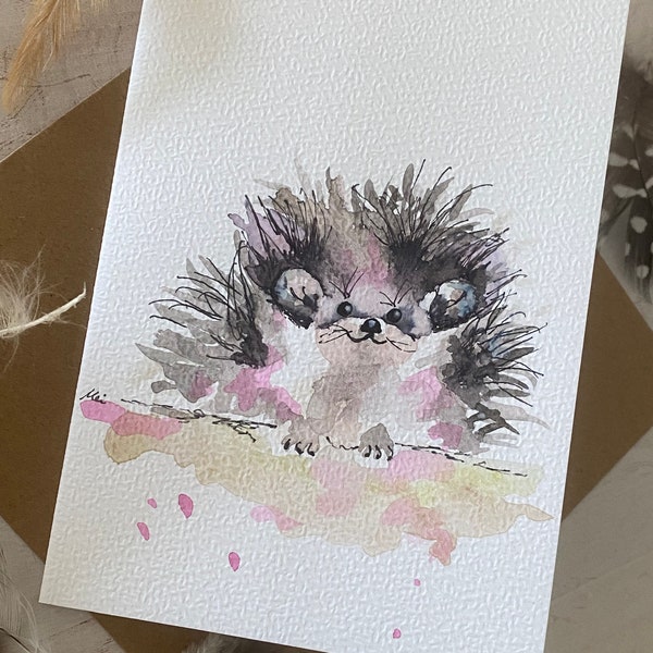 KEIN Druck UNIKAT handgemaltes Aquarellbild Wandbild IGEL Wiese Leben Malerei signiert Original Einzelstück 15 x 10 minimalistisch