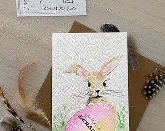 GEEN print originele aquarel BUNNY Happy PASEN handgeschilderde vouwkaart konijntje gefeliciteerd liefdesgroeten vrolijke paastijd aanpasbaar