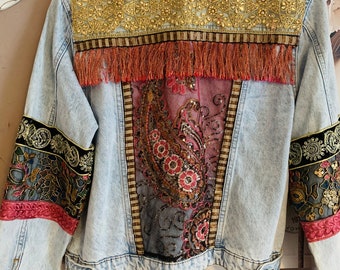 Handmade boho denim Jacket with vintage trimmings, SAMPLE SALE