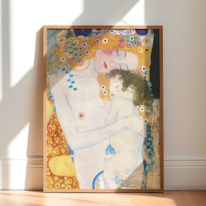 母と子 - グスタフ・クリムト プリント、木製フレーム装飾、高品質プリント、ユニークな部屋の装飾、すぐに掛けられる S0016