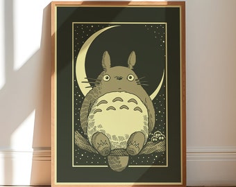 Totoro Moon Vintage Poster: Framed Anime Wall Decor P0008
