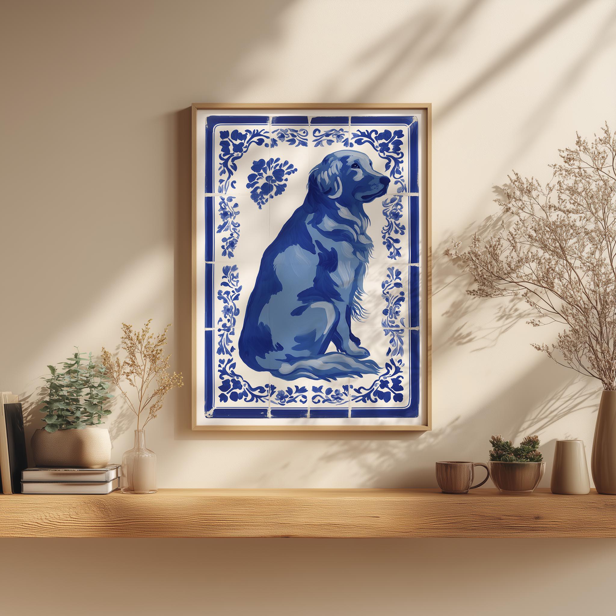 Blue Dutch Tile Dog Art Print: Vintage Style Pet Poster S0041