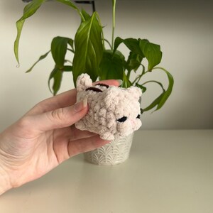 May include: A small, pink crocheted cat toy with brown stripes. The cat is lying on its side with its eyes closed.