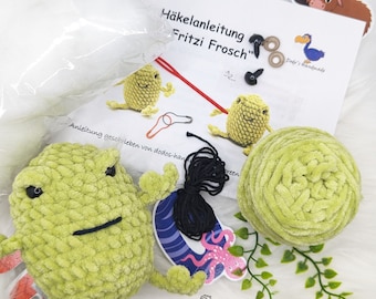 DIY crochet kit, frog crochet kit, crochet instructions with materials, crochet for beginners, crochet frog, crochet with plush yarn