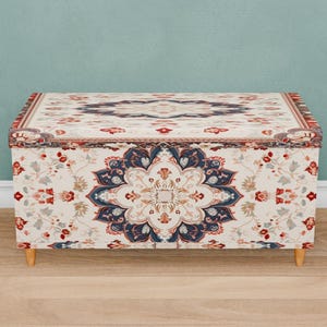 Pastel color bench, End of bed bench, Bohemian storage, Oriental design bench, Amazing organizer, Primitive bench, Soft seat bench, M-165