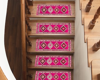 Warm steps mat, Stair treads rug, Staircases rug, Pink runner rug, Stair runner rug, Washable rug, Bohemian rug, Vintage artwork, Stairs mat