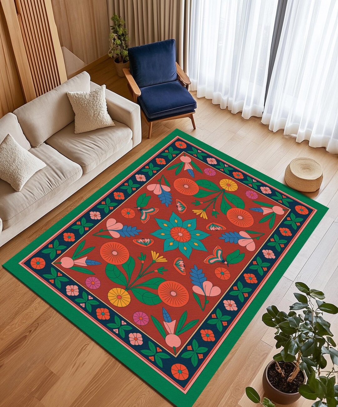 Red Floral Boho Home Rug, Green Leaf Folk Art Mat, Nonslip Vibrant ...