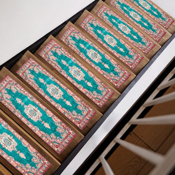 Mats for stairs, Stepping mat, Treads mat, Botanic rug, Primitive rug, Washable rug, Teal color rug, Handmade rug, Stair runner, Stair cover