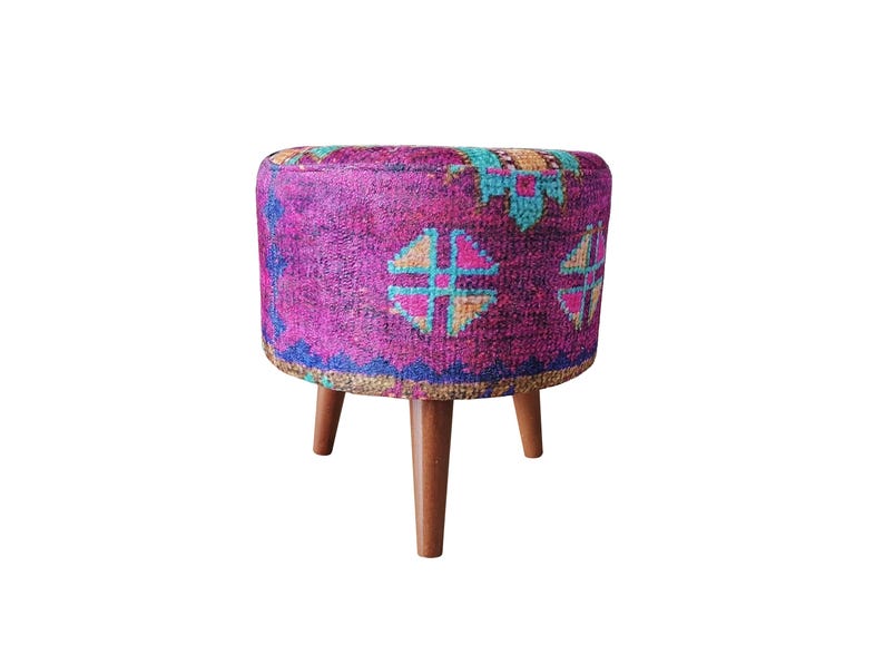 Colorful Boho Makeup Stool – Round Kilim Ottoman Pouf with Wood Legs – Handmade Footstool for Vanity or Living Room Decor, 142-01
