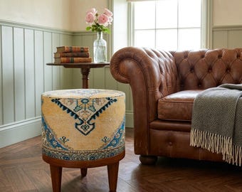 Yellow Geometric Pattern Stool | Makeup Vanity Chair | Bohemian Footstool