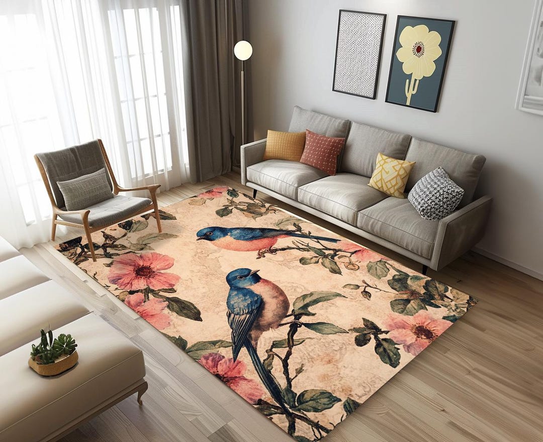 Bird Print Rug, Floral Area Rug, Retro Landing Rug, Gift for Grandma ...