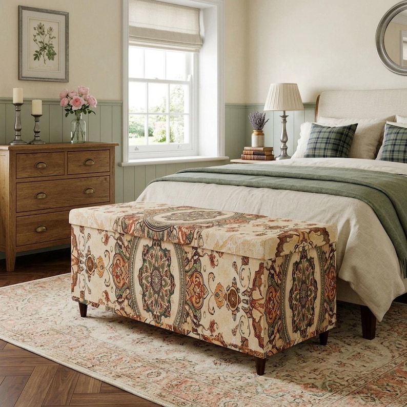 a cozy and well-furnished bedroom with a large bed, a wooden dresser, and a decorative ottoman. The room has a neutral color scheme with a floral patterned rug and a large window providing natural light.