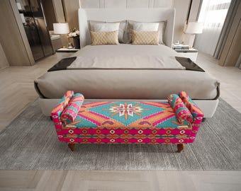 Neon Pink Aztec Loveseat | Guest Bedroom Seating | Maximalist Mini Couch
