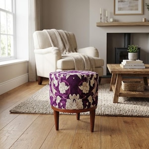 Poggiapiedi viola, pouf in stile vintage, poggiapiedi boho, mobili fatti a mano, sedile ottomano per pianoforte, tavolino rotondo, comodo poggiapiedi per sala TV, M-12