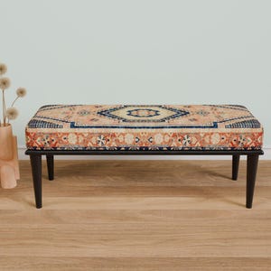 Retro-style upholstered blanket bench with vintage Turkish pattern, perfect for bedroom or dressing table use, versatile ottoman bench that can serve as a footstoolor chic coffee table accent.