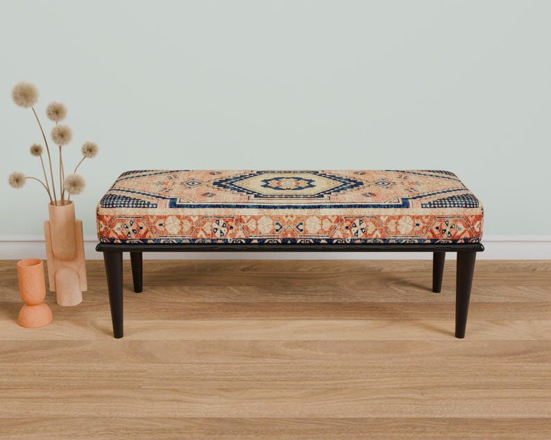 Retro-style upholstered blanket bench with vintage Turkish pattern, perfect for bedroom or dressing table use, versatile ottoman bench that can serve as a footstoolor chic coffee table accent.