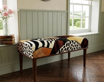 Brown Zebra Leopard Stool | Makeup Vanity Chair | Eclectic Wood Ottoman