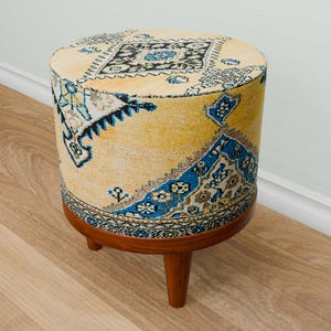 Yellow footstool, Round ottoman pouf, Vanity footrest, Primitive footstool, Swanky round pouf, Rustic shoe bench, Entryway organizer, 272-01