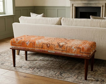 Lebendige Orange Geometrische Sitzbank | Ankleide Fußhocker | Retro Decor Sitzpouf