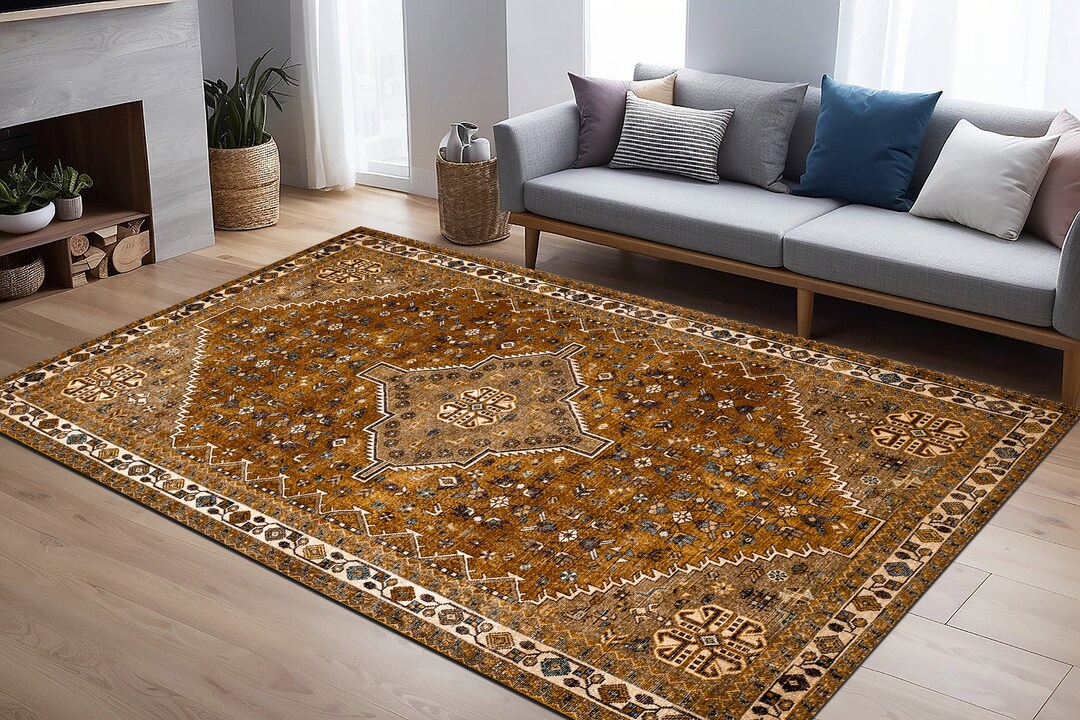 Camel Turkish Rug, Vintage Pattern Rug, Area Rug, Washable Rug, Print ...