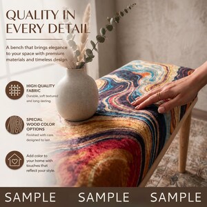 The image is an advertisement for a bench that emphasizes its quality and design. It features a hand resting on a colorful bench with a vase of greenery and a wooden vase. The ad highlights the bench's high-quality fabric, special color options, and the ability to add color to your space with the touch of a hand. The ad also includes sample images of the bench and the vases, showcasing the design and quality of the product.