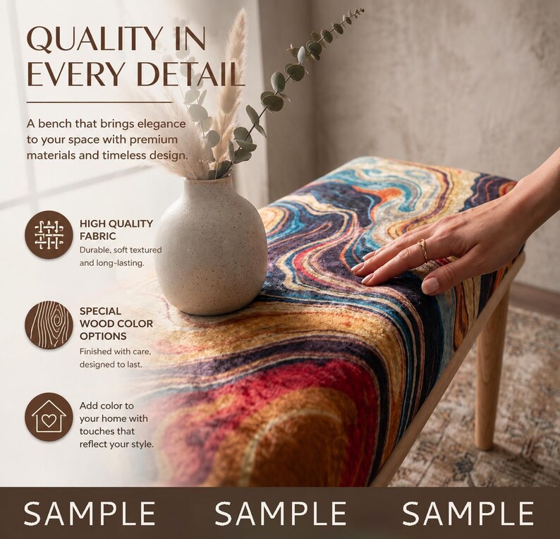 The image is an advertisement for a bench that emphasizes its quality and design. It features a hand resting on a colorful bench with a vase of greenery and a wooden vase. The ad highlights the bench's high-quality fabric, special color options, and the ability to add color to your space with the touch of a hand. The ad also includes sample images of the bench and the vases, showcasing the design and quality of the product.