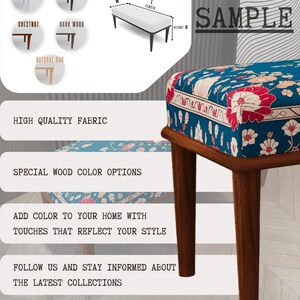 The image is a collage of various furniture items, including a wooden table with a floral patterned cushion, a chair, and a wall with a patterned design. The collage also includes text that provides information about the furniture, such as the different colors of the table legs and the special wood color options available.