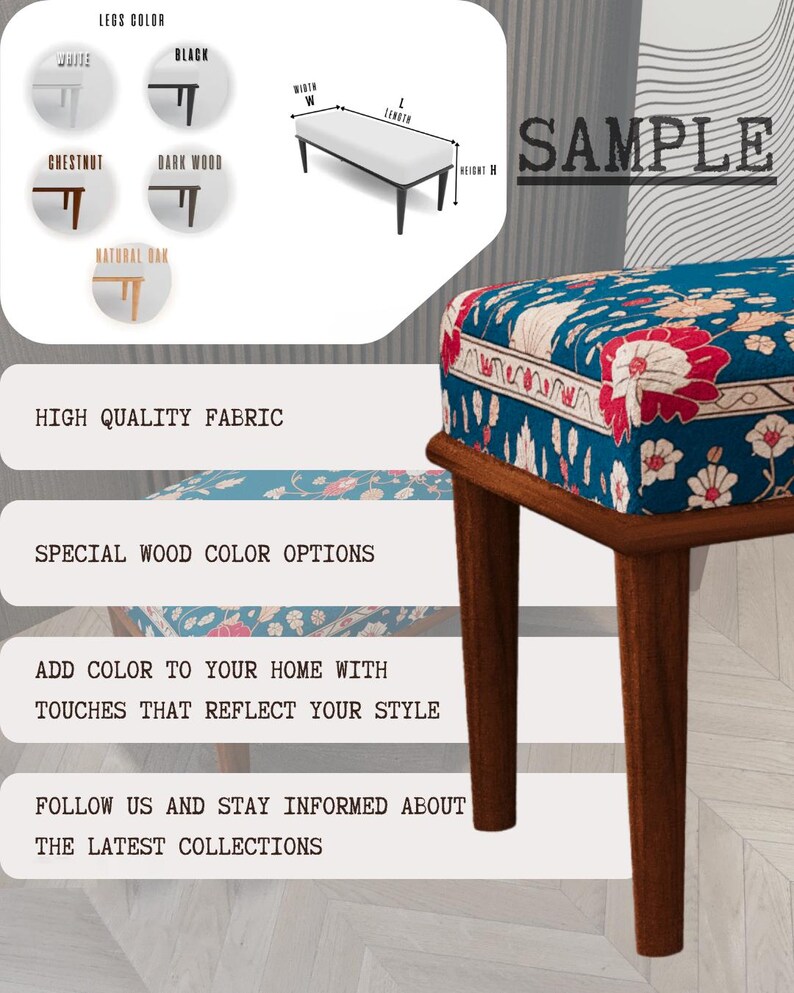 The image is a collage of various furniture items, including a wooden table with a floral patterned cushion, a chair, and a wall with a patterned design. The collage also includes text that provides information about the furniture, such as the different colors of the table legs and the special wood color options available.