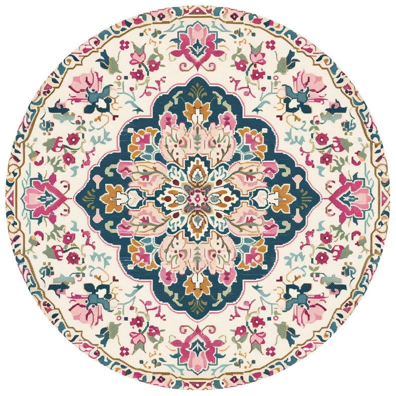 Floral circle rug, Housewarming rug, Pretty rug, Mandala rug, Chic rug, Maximalist rug, Small space gift, Textured rug, Nook rug, Bath rug