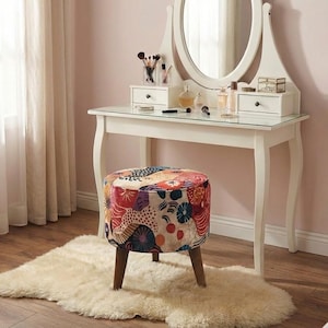 Floral footstool, Boho printed bench, Rustic hall pouf, Bench with cushion, Indoor furniture, Solid wood stool, Handmade footrest, M-107