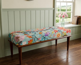 Turquoise Bright Floral Bench | Makeup Vanity Stool | Botanical Decor Ottoman