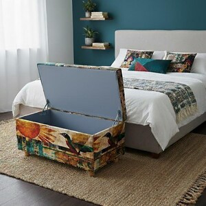 Boho upholstered ottoman bench with Egyptian art design, colorful storage chest with lid, perfect for storing blankets or accessories, entryway seating furniture.
