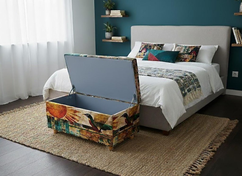 Boho upholstered ottoman bench with Egyptian art design, colorful storage chest with lid, perfect for storing blankets or accessories, entryway seating furniture.