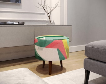 Geometric design pouf, Colorful footstool, Round ottoman bench, Vanity pouf bench, Round foor table, Primitive footrest, Pouf support, M-104