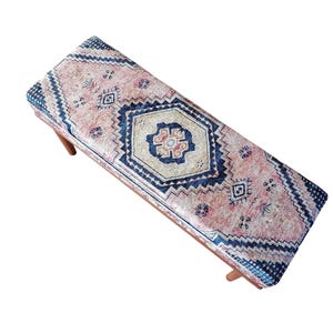 Retro-style upholstered blanket bench with vintage Turkish pattern, perfect for bedroom or dressing table use, versatile ottoman bench that can serve as a footstoolor chic coffee table accent.