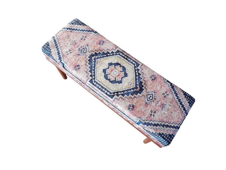 Retro-style upholstered blanket bench with vintage Turkish pattern, perfect for bedroom or dressing table use, versatile ottoman bench that can serve as a footstoolor chic coffee table accent.