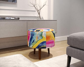 Bunter Pouf-Hocker, Wohnmöbel, handgefertigter Fußhocker, Fußstütze aus Holz, cooler runder Pouf, weicher Hocker, Nachttisch-Pouf, M-30