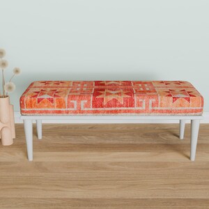 Ottoman bench, Window bench, Bed bench, Bedroom bench, Upholstered bench, Decor bench, Farmhouse bench, Orange fabric bench, Wood bench, 04