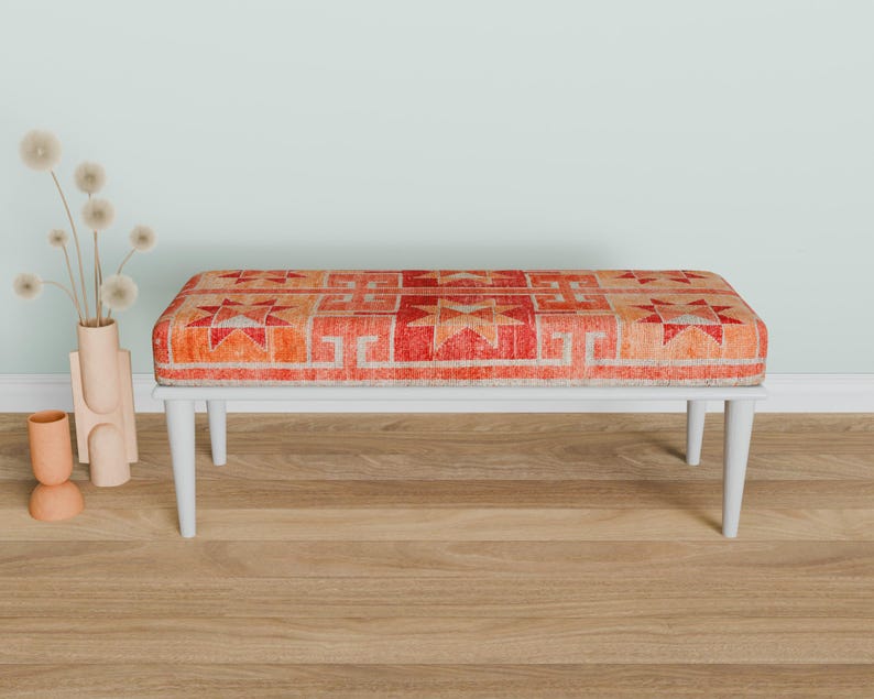 Ottoman bench, Window bench, Bed bench, Bedroom bench, Upholstered bench, Decor bench, Farmhouse bench, Orange fabric bench, Wood bench, 04