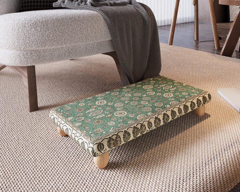 Footrest With Wooden Legs, Floral Pattern Footstool, Minimalist Design ...