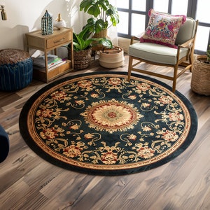 Splendid round rug, Velvet pattern rug, Victorian round rug, Kitchen large rug, Gold floral rug, Special design rug, bedroom circle rug