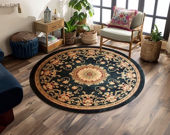 Splendid round rug, Velvet pattern rug, Victorian round rug, Kitchen large rug, Gold floral rug, Special design rug, bedroom circle rug