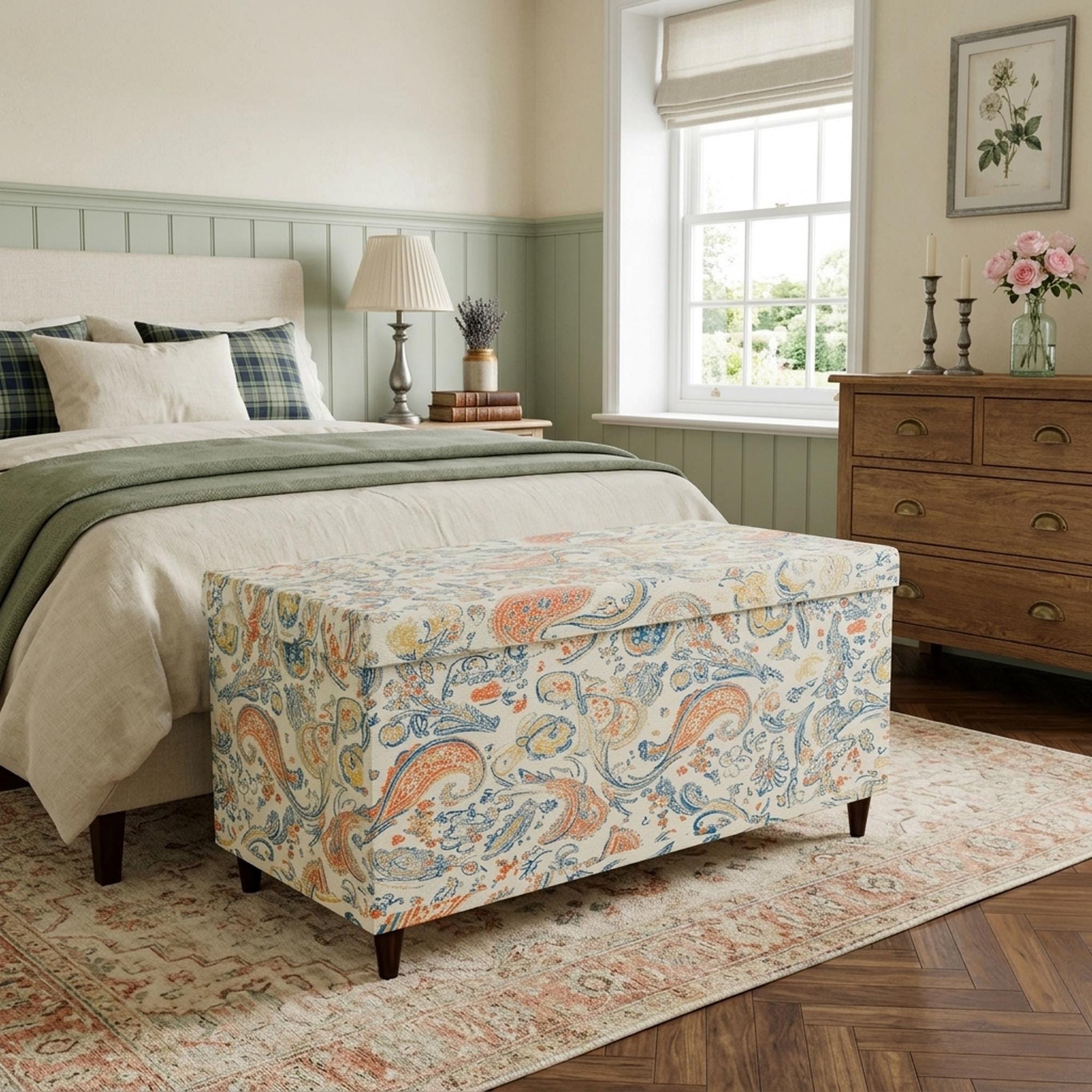 Coral Cream Scrollwork Ottoman | Window Reading Seating | Artisan
