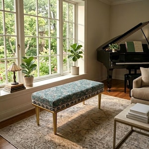 Green Floral Bench, Rustic Kilim Bench, Eclectic Living Room Seat, Farmhouse Entry Accent, Long Upholstered Bench, Piano & Dining Use, M-485