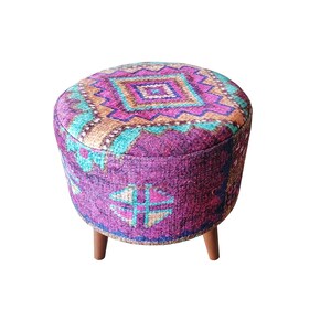 Colorful Boho Makeup Stool – Round Kilim Ottoman Pouf with Wood Legs – Handmade Footstool for Vanity or Living Room Decor, 142-01