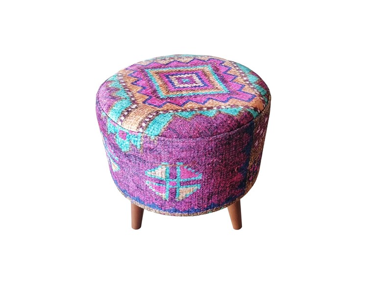 Colorful Boho Makeup Stool – Round Kilim Ottoman Pouf with Wood Legs – Handmade Footstool for Vanity or Living Room Decor, 142-01