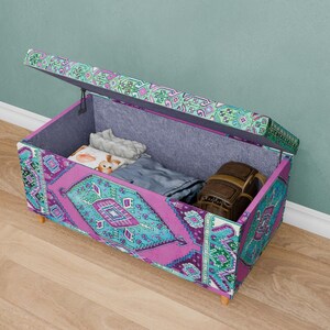 Vintage pattern bench, Purple blue trunk, Handmade storage, Unique home decor, Kitchen organizer, Dressing bench, Daily use bench, 129-02